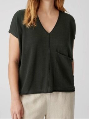 Eileen Fisher Black V-Neck Boxy Organic Linen Cotton Short Sleeve Pocket Top Med